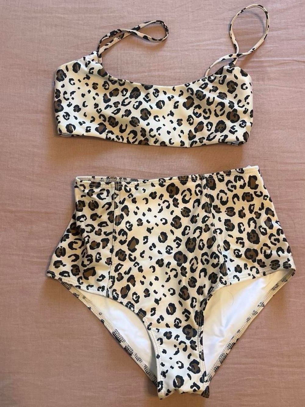 Leopard Print Bandeau Bikini Set - Cream & Brown